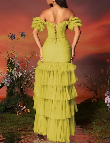 Off Shoulder Prom Dress for Women 2025 Tiered Tulle Mermaid Long Formal Party Gowns with Slit3