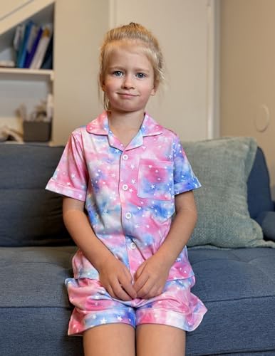 Image of Arshiner Girls Pajamas Sets Short Sleeve Kids Pjs Button Down Sleepwear | Cute Printed Pajamas for Little & Big Girl, Lightweight Comfy Fabric, 2-Piece Outfits, Perfect for Lounge Pajamas Party