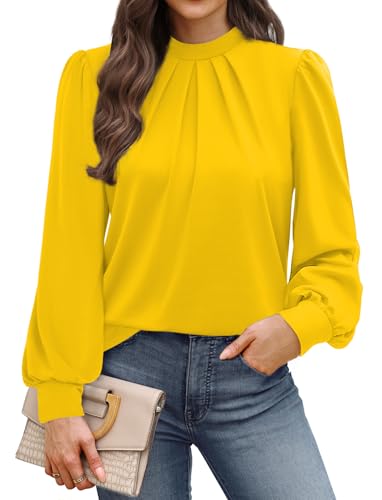 Image of WIHOLL Long Sleeve Shirts for Women Mock Neck Tops Pleated Front Blouses Dressy Casual Spring Fall Clothes 2026 Fashion