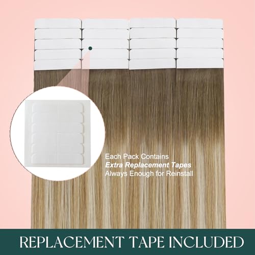 Image of Easyouth Human Hair Extensions Tape in Ombre Hair Extensions Tape Balayage Medium Brown to Honey Blonde Mixed Platinum Blonde Adhesive Tape Hair Extension Easy to Apply 50g 20pcs 22 Inch