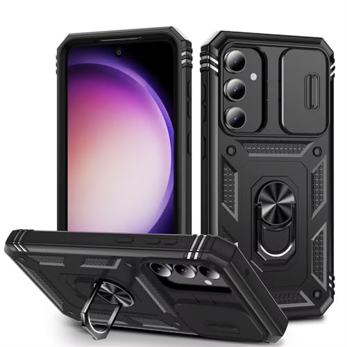 Image of Scalebee Back Cover for Samsung Galaxy S24 5G Heavy Duty Armor Slide Camera Cover Built-in Rotated Ring Kickstand Rugged (Black)