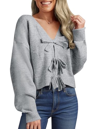 Image of Saodimallsu Womens Bow Sweater Cropped V Neck Long Sleeve Pullover Tops