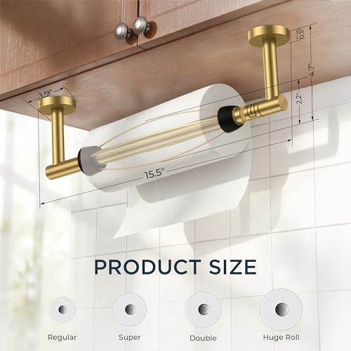 Image of FORIOUS Paper Towel Holder Under Cabinet, SUS304 Wall Mounted Commercial Paper Towel Holder, One-Handed Tear Hanging Paper Roll Holder with Ratchet Mechanism for Kitchen Bathroom (Brushed Gold)