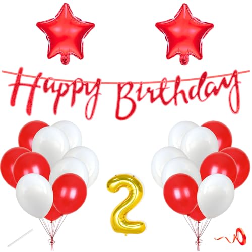 Image of Flyloons 2nd Happy Birthday Decoration Kit Red White for Baby Boys Girls Kids Twins With 20 Pcs Metallic Balloons Birthday Banner 2 Pcs Star Items Set