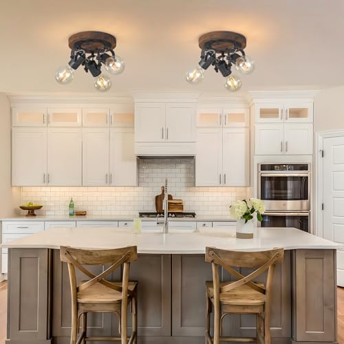 Image of Farmhouse Ceiling Light Fixture with Wood Base, 3-Light Adjustable Industrial Track Lighting, Rustic Black Metal Spotlight Ceiling Lights for Kitchen Bedroom Hallway