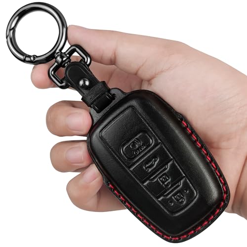 Tukellen for Toyota Key Fob Cover Genuine Leather With Keychain,Leather Key Case Compatible with 2019-2025 Rav4 2020-2022 Highlander Corolla Prius 2018-2024 Camry Avalon C-HR GT86-black (red line)