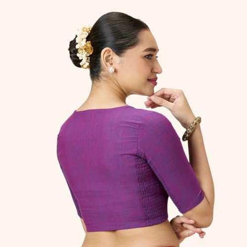 Image of Studio Shringaar Women's Handloom Cotton Side Stretchable (Smocked) Readymade Saree Blouse with Crochet Neckline