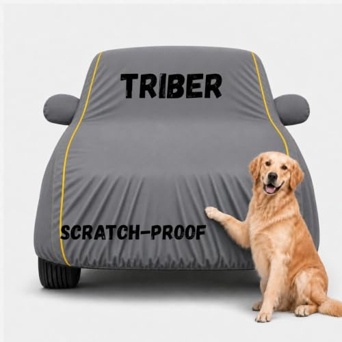 Image of 3 Layer Waterproof Car Body Cover for Triber All Weather Protection Comes with Inner Cotton Lining & Triple Stitched with Mirror & Antenna Pocket Belt & Elastic Fit (Grey)