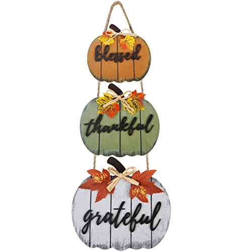 CYNOSA Fall Decorations for Home Blessed Grateful Thankful Door Sign Fall Decor Thanksgiving Decorations Wooden Pumpkin Vintage Hanging Signs for Home Thanksgiving Farmhouse Harvest Outdoor Wall Decor