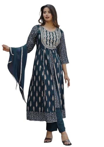 Image of Rayon Nayra Cut Embroidered Kurti Pant Set with Dupatta|Elegant Ethnic Wear for Party and Festive Occasions