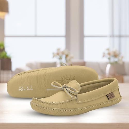 Image of Moccasin Slippers for Men, Leather House Moccasins, Made in Canada, Indoor | Soft Lining, Soft Sole for Everyday Wear & Classic Handcrafted Design, Canada Quality Genuine Cowhide Leather