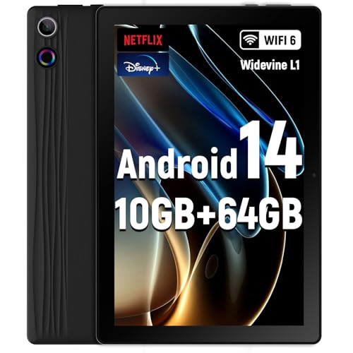 ryesug Tablet 10 Inch, Android 14 Tablet 10GB RAM + 64GB ROM TF 1TB Expand, Widevine L1, WiFi6, BT5.3, 5MP+8MP Camera, 5000mAh, Facial Recognition, Dynamic Halo, Black