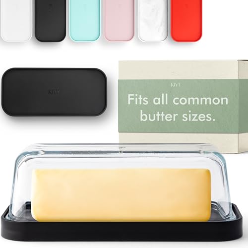 KIVY Glass butter dish with airtight lid that keeps butter soft - For countertop and refrigerator door shelf - Dishwasher safe black butter dish with lid black - Modern Plastic Butter tray with lid