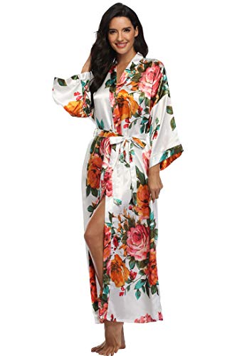 Image of Women Silk Kimono Robe Long Floral Bridesmaids Robes Satin | Wedding Party Bridal Getting Ready Robe Lightweight Dressing Gown Loungewear Sleepwear