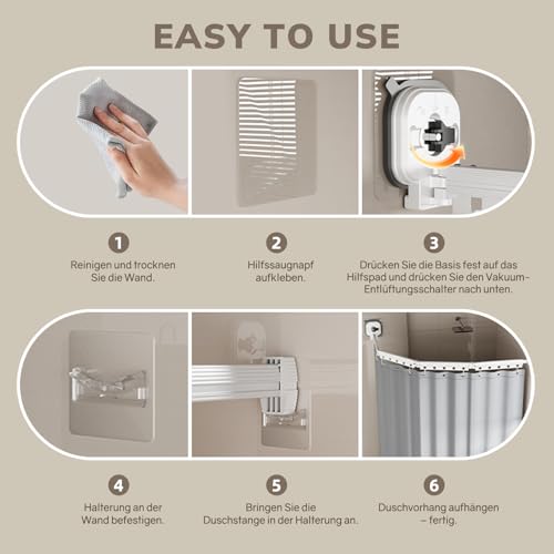 Faltbare Duschvorhangstange mit Saugnapf Und Duschvorhang(1.8x2M), 4-Wege Faltbar, Ohne Bohren Wandmontage Eckvorhangstangen mit Vorhangringen, Duschvorhangstange für Badezimmer, Weiß