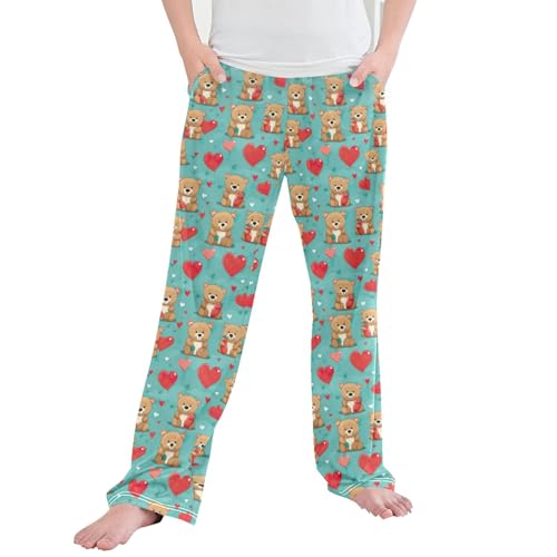 Cute Bear Heart Long Pajama Pants Elastic Waist PJ Bottoms with Pockets S A112882
