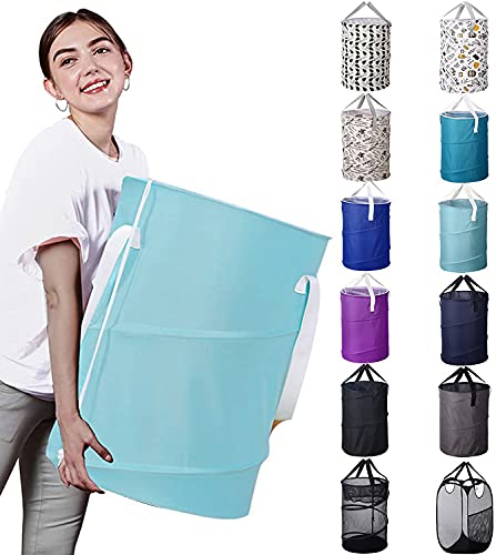 Bagail 85L Pop Up Laundry Hamper Bucket Cylindric, Foldable Clothes Bag, Folding Washing Bin,Large Capacity Collapsible Drawstring Closure Polyester Laundry Storage Basket With Handles(Sky Blue) #TOP3