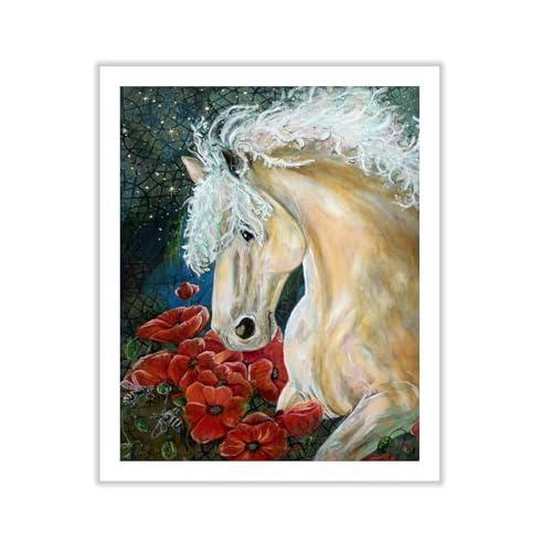 Monem Art Ethereal White Horse Floral Painting Print - Whimsical