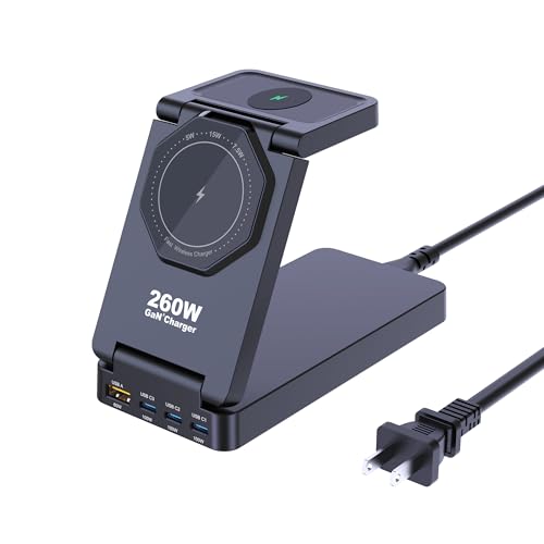 Ubigbuy Estación de carga USB C de 260 W con carga inalámbrica, 7 en 1 GaN 100 W PD3.0, 60 W QC3.0, cargador inalámbrico de 15 W, diseño plegable ultrafino para iPhone, AirPods, iWatch, portátiles