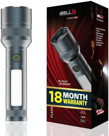 IBELL LUMINEX 800 Rechargeable Torch Light High Power, 6 Light Modes, Telescopic Zoom, Type C Charging, LED Flashlight, Super Bright & Long Distance Range, for Home, Outdoor & Emergency Use (Grey)
