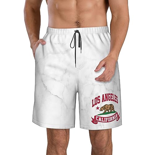 HILLBACK California Republic Can Los Angeles Gifts Mens Swim Trunks Quick Dry Swimwear Pockets Swim Shorts with Mesh Lining White-2XL