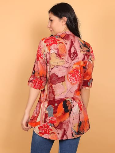 Image of FIMS - Fashion is my style Rayon Abstract Printed Short Kurti for Women, Tunics Tops, Ethnic Wear for Office, Flared, Mandarin Collar V Neck, Roll-Up Sleeves, Summer Wear, Ideal Gift for Girls