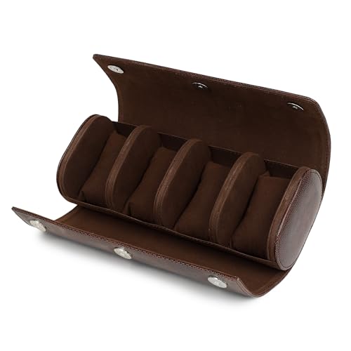 Image of essart Travel Watch Roll Case 4 Slots - watch roll travel case Portable Luxury Watch Organizer & Storage Box for Men & Women with Brown colour