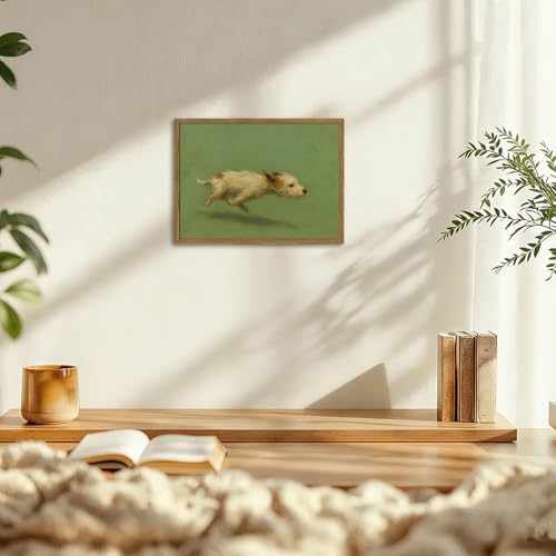 Funny Dog with Zoomies Wall Art Cute Terrier Dog Running Wall Decor Picture Vintage Animal Poster Canvas Painting Print Cute Pet Artwork for Living Room Bedroom 12x16 inch Wood Framed