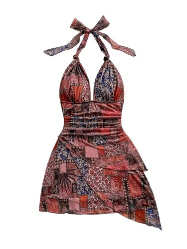 Image of SOLY HUX Women's Y2K Summer Beach Halter Mini Dress | Retro Floral Dress, V Neck, Backless, Club Nightout, Sexy Going Out Clothes, Birthday Dress