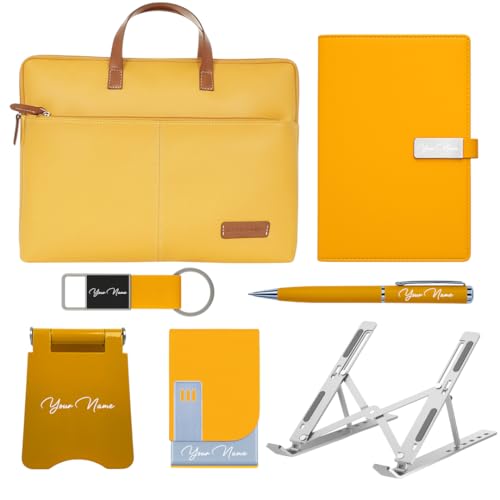 Image of Giftana 7 in 1 Laptop Bag and Laptop Stand with Personalized Diary & Pen, Keychain, Card Holder, Mobile Stand Set, Customized Gift for Husband, Employee Welcome Kit, Corporate Gift for Employees (Yellow)