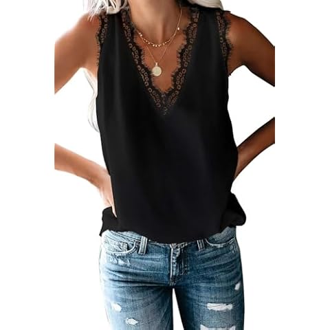 BLENCOT Women Lace Trim Black Tank Tops V Neck Fashion Casual Sleeveless Blouse Cami Shirts, Large Cover