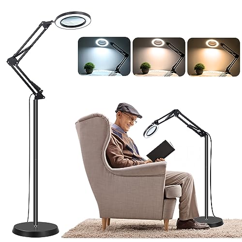 NZQXJXZ Upgraded 3-in-1 Magnifying Glass with Light and Stand, 10X Real Glass Magnifying Floor Lamp, 3 Color Modes 10 Stepless Dimmable Desk Magnifier with Clamp for Close Work, Craft, Reading, Hobby