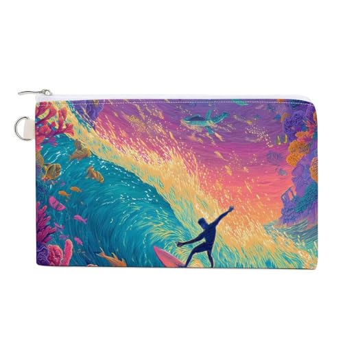 Surfer Riding Wave Sea Coral Dreamy Fashion Coin Purse Change Makeup Bag Canvas Pouch 7.4 × 4.6 Inches