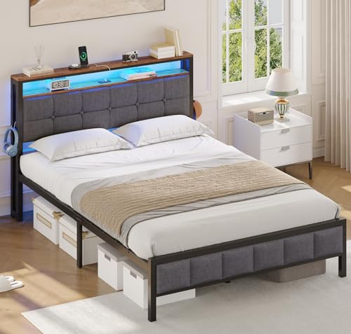 AOGLLATI Lit 140x190 avec Sommier Métal, Lit Double avec Éclairage LED, 4 Ports USB, 2 Étagères Ouvertes, 2 Crochets, 31 cm d’Espace sous Sommier 140x190