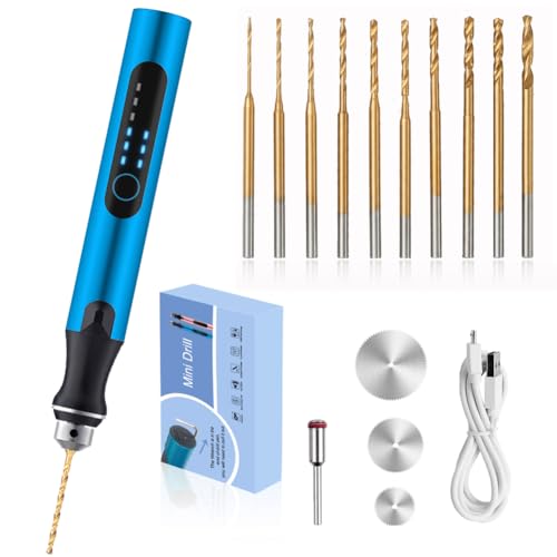3-Speed Cordless Mini Drill Pen With 10 Small Drill Bits,Rechargeable Electric Hand Drill Pin Vise,Resin Drill Set For Jewelry Making, Resin, Plastic, Wood, Keychains DIY (BLUE)