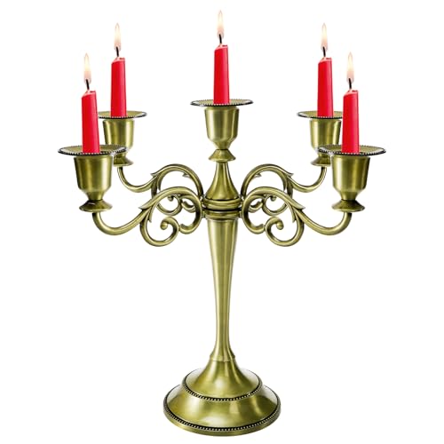 YOUEON 5 Arm Brass Candelabra, Candelabra Candle Holder, 10 Inch Tall Candlesticks Holder, Elegant Taper Candle Holder Centerpiece for Wedding, Church, Halloween, Dining, Home Decor