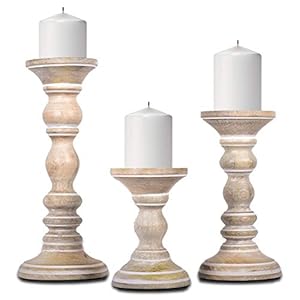 Mela Artisans Whitewash Wood Candle Holders for Pillar Candles Set of 3 | Willow Decor Style for Mantles | White Mango Wood Farmhouse Candle Holders | Rustic Wooden Candleholder | Sized 6″, 9″ and 12″