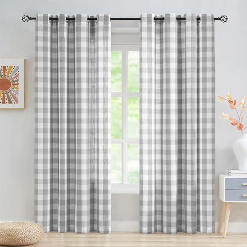 Abstractex Rideaux semi-transparents gris et blanc à carreaux Gingham de 152,4 x 228,6 cm pour chambre à coucher - Larges carreaux Buffalo en lin texturé -...