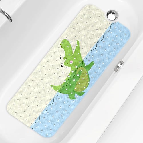Image of PRATIQUE Kids Bath Mat for Tub Non Slip,40 X 16 Inch Extra Long Kids Bathtub Mat Crocodile Bathtub Shower Mat Safety Anti Slip with Suction Cups and Drain Holes, Machine Washable