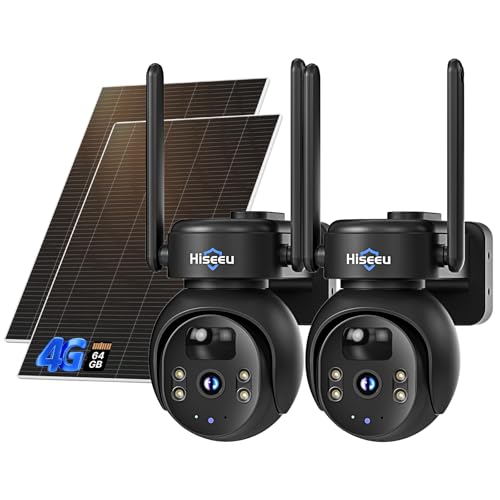 Hiseeu 4G LTE Cellular Security Camera Solar Powered, No WiFi Security Camera Wireless Outdoor, AOV, PIR Motion, 2 Way Talk, 360° PTZ, 2K Color Night Vision, 64G SD & SIM Card Included