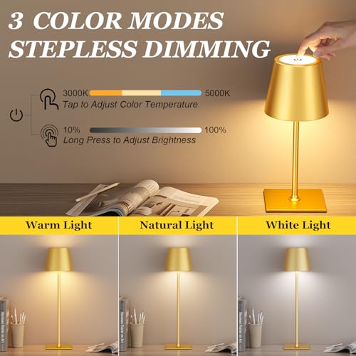 Image of Kakanuo Gold Cordless Rechargeable Table Lamp 5000mAh Battery Operated Lamps, 3 Colors Stepless Dimming Touch Lamp for Living Room, Kitchen Counter, Dining, Outdoor Patio, 2 Pack