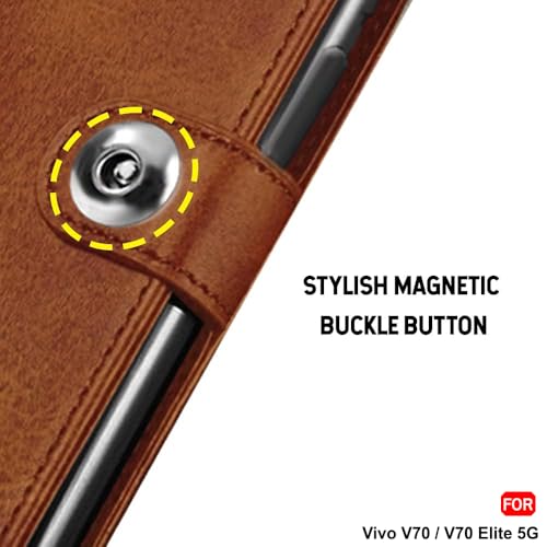 Image of TheGiftKart Genuine Leather Finish Flip Back Cover Case for Vivo V70 5G / V70 Elite 5G | Inbuilt Pockets & Stand | Wallet Style | Designer Button Magnet Flip Back Cover Case (Faux Leather, Brown)