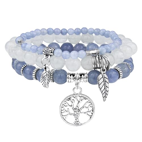 JUZICHEN 3 pcs Bracelet Pierre Naturelle Femme,Boho Bracelet Perles Femme Avec Pendentif Arbre De Vie,Bracelets De Yoga Femmes,17-24 cm Bracelets Pierre...