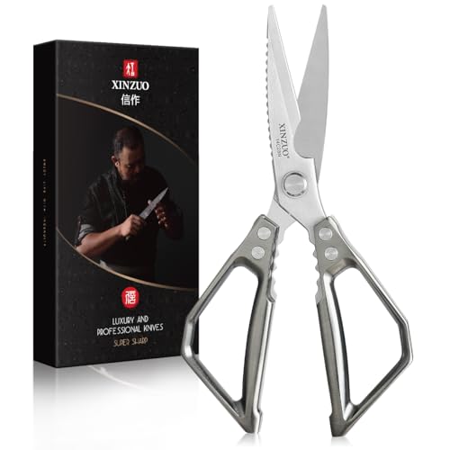 Xinzuo Tijeras De Cocina Acero Inoxidable Sandvik-Mango De Aleación De Aluminio Plateado -Profesionales Afiladas Acero 14c28n Tijeras Multiusos Para Carne,Nueces,Pescado,Verduras-Con Caja De Regalo