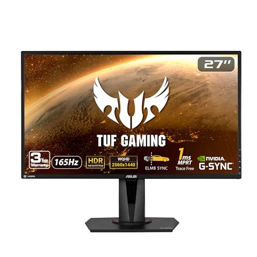 ASUS TUF Gaming 27″ 2K HDR Gaming Monitor (VG27AQ) – QHD (2560 x 1440), 165Hz (Supports 144Hz), 1ms, Extreme Low Motion Blur, Speaker, G-SYNC Compatible, VESA Mountable, DisplayPort, HDMI ,Black