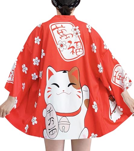 Image of LAI MENG FIVE CATS Women's Lucky Cat Cardigan Kimono Loose Cover up Casual Blouse Cute Tops