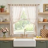 jinchan Belrose Linen Floral Cafe Curtains 45 Inch Length Embroidered Farmhouse Curtains for Kitchen Bedroom Bathroom Small Windows Curtain Set Light Filtering 2 Panels Ivory