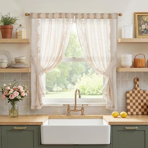 Image of jinchan Ivory Floral Linen Kitchen Tier Curtains 50x45 Inch 2 Panels