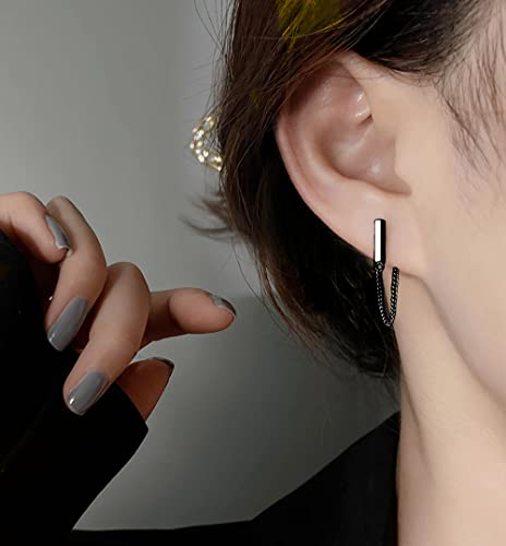 Reffeer 925 Sterling Silver Bar Chain Dangle Earrings Drops For Women Girls Gold Bar Drop Earrings Chain Studs (C-Black Gold) #TOP2