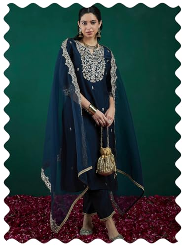 Image of INDO ERA Womens Rayon Viscose Embroidered Straight Kurta Pant Dupatta Set